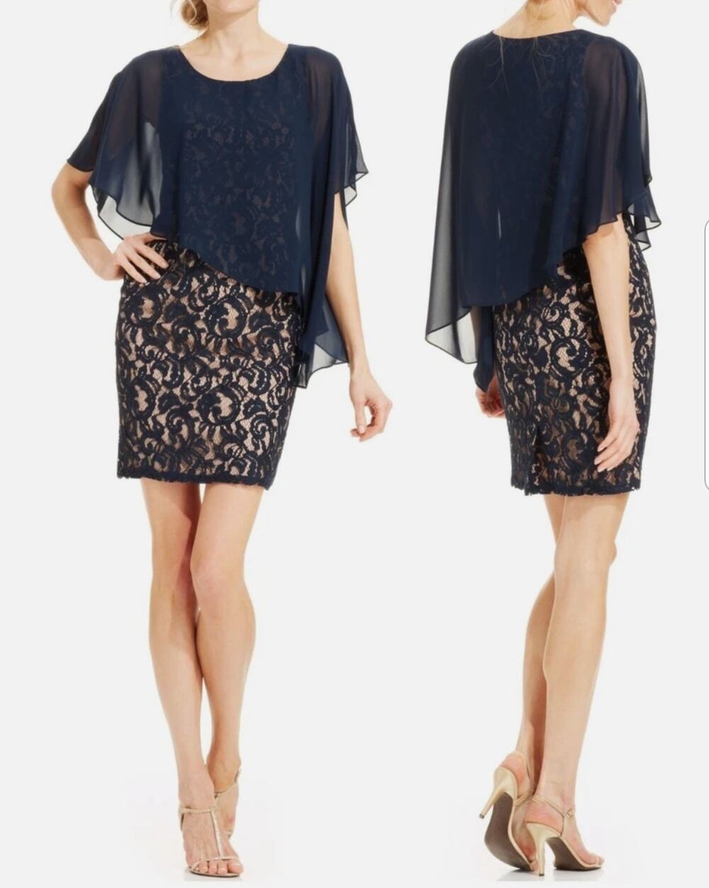 Adrianna Papell Navy Blue Chiffon-Overlay Lace Sheath Dress